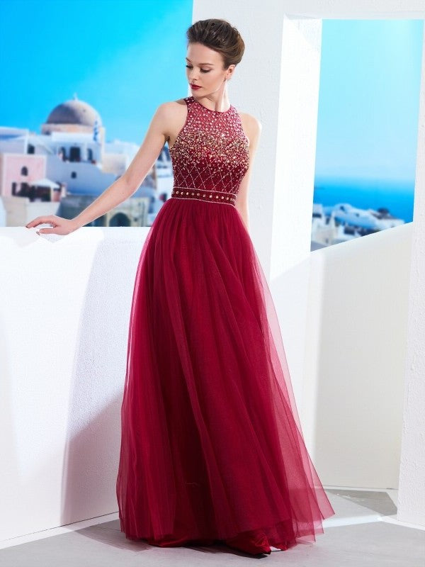 A-Line/Princess Scoop Sleeveless Floor-Length Beading Tulle Dresses DFP0002471