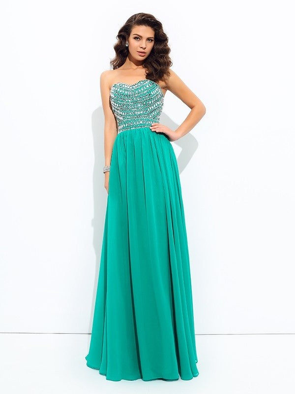 A-line/Princess Sweetheart Beading Sleeveless Long Chiffon Dresses DFP0003113