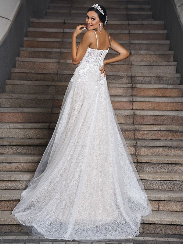 A-Line/Princess Lace Applique V-neck Sleeveless Sweep/Brush Train Wedding Dresses DFP0006048