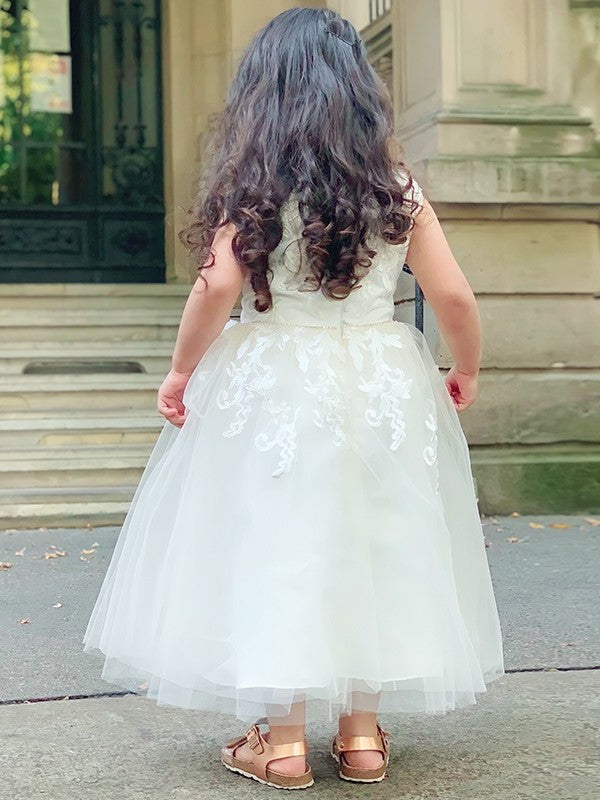 A-Line/Princess Tulle Lace Scoop Sleeveless Ankle-Length Flower Girl Dresses DFP0007499