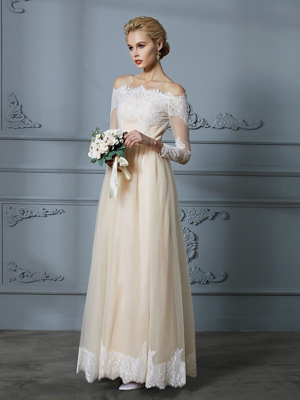A-Line/Princess Off-the-Shoulder Long Sleeves Floor-Length Lace Tulle Wedding Dresses DFP0006638