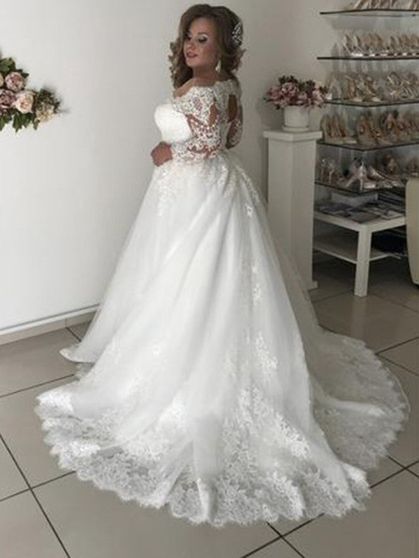 A-Line/Princess Off-the-Shoulder Long Sleeves Sweep/Brush Train Lace Tulle Wedding Dresses DFP0005965