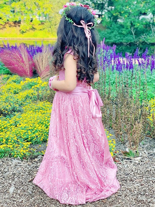 A-Line/Princess Lace Sash/Ribbon/Belt Scoop Sleeveless Ankle-Length Flower Girl Dresses DFP0007494