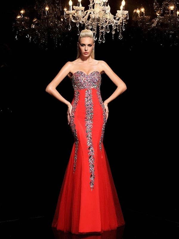 Sheath/Column Sweetheart Rhinestone Sleeveless Long Net Dresses DFP0003943