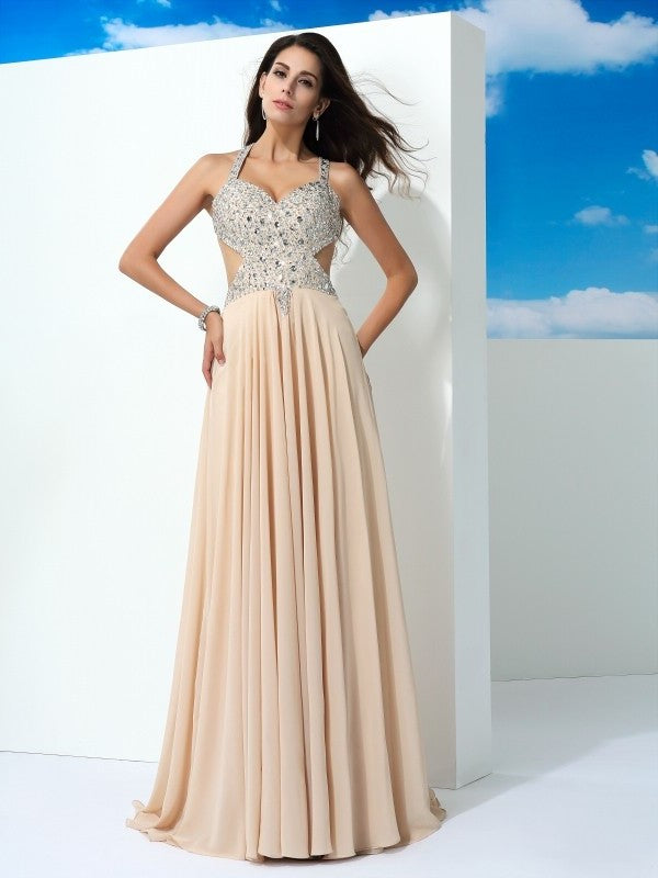 A-Line/Princess Straps Beading Sleeveless Long Chiffon Dresses DFP0002580