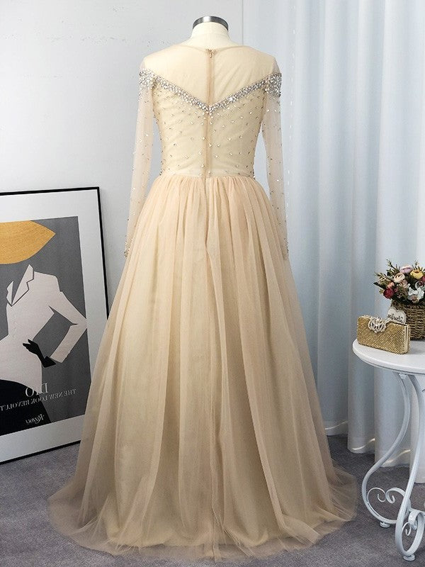 Ball Gown Tulle Long Sleeves Off-the-Shoulder Sequin Floor-Length Plus Size Dresses DFP0004597