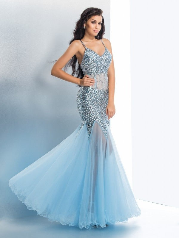 Trumpet/Mermaid Spaghetti Straps Sequin Sleeveless Long Tulle Dresses DFP0002358