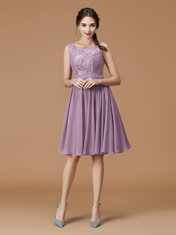 A-Line/Princess Bateau Sleeveless Short/Mini Lace Chiffon Bridesmaid Dresses DFP0005427