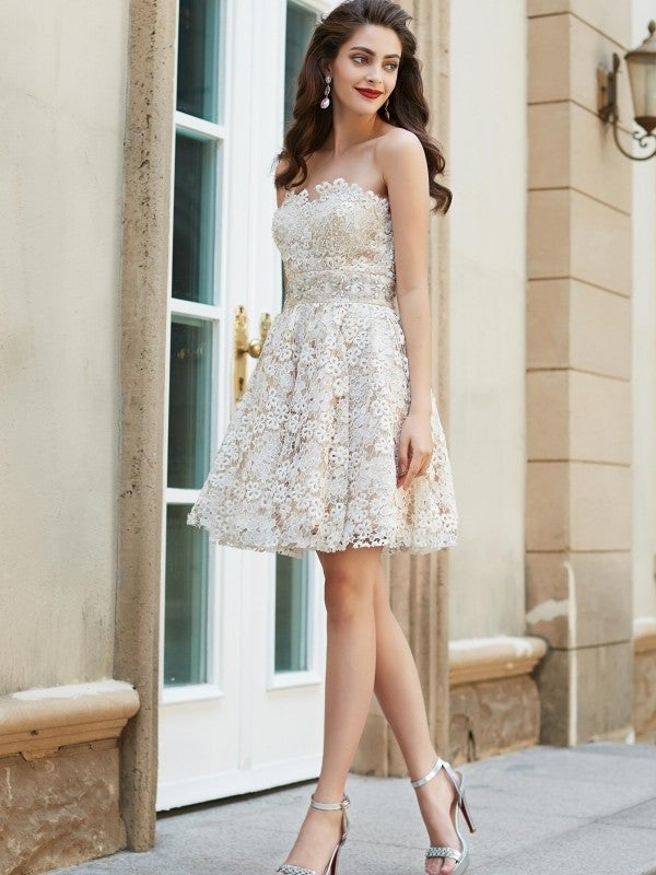 A-Line/Princess Sweetheart Sleeveless Rhinestone Short/Mini Lace Dresses DFP0002844