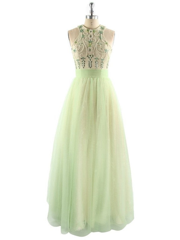 Ball Gown Sleeveless Halter Beading Floor-Length Tulle Dresses DFP0002713