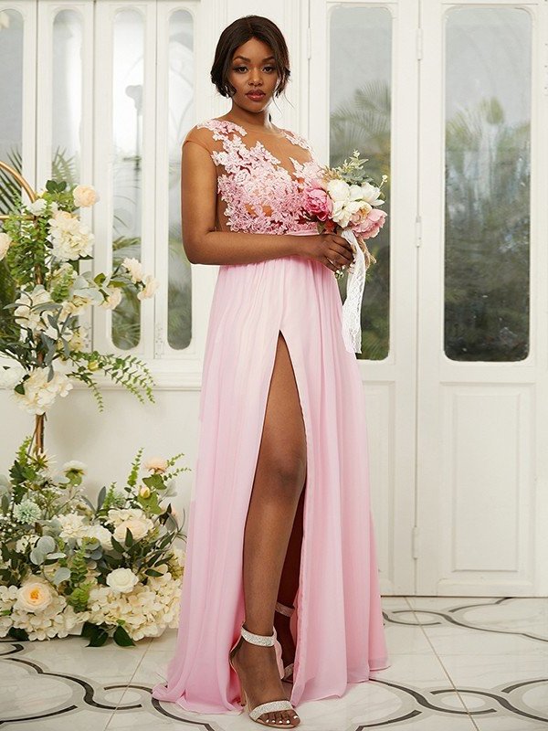 A-Line/Princess Chiffon Applique Scoop Sleeveless Floor-Length Bridesmaid Dresses DFP0004918