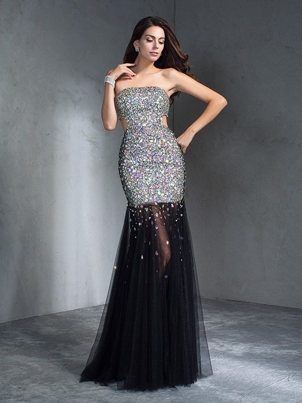 Sheath/Column Strapless Sequin Sleeveless Long Satin Dresses DFP0002738