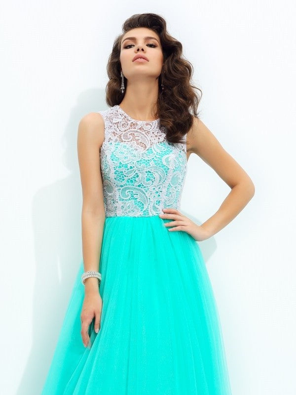 A-line/Princess Scoop Lace Sleeveless Long Net Dresses DFP0002683