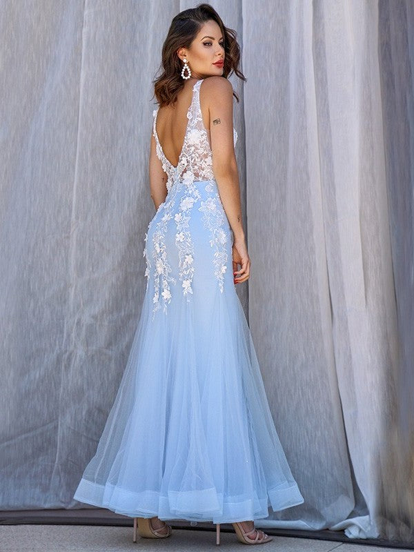 Trumpet/Mermaid Tulle V-neck Sleeveless Applique Floor-Length Dresses DFP0001554