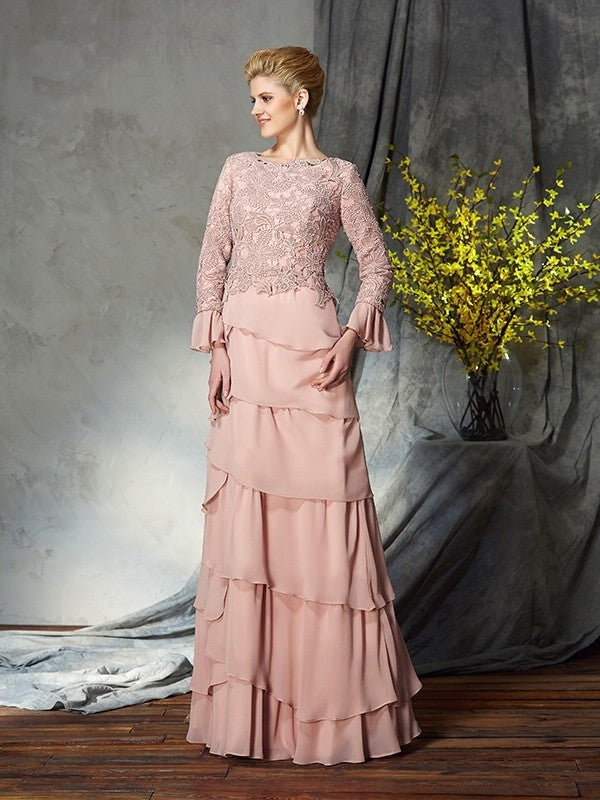 Sheath/Column Scoop Ruffles Long Sleeves Long Chiffon Mother of the Bride Dresses DFP0007282