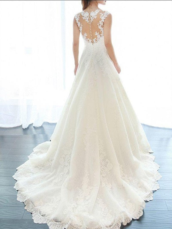 A-Line/Princess Sleeveless V-neck Court Train Applique Lace Wedding Dresses DFP0006590