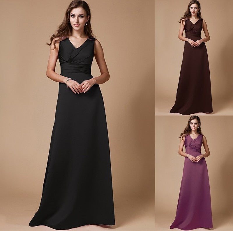 A-Line/Princess V-neck Long Sleeveless Elastic Woven Satin Bridesmaid Dresses DFP0005409