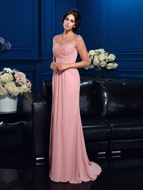 A-Line/Princess Scoop Beading 3/4 Sleeves Long Chiffon Mother of the Bride Dresses DFP0007135