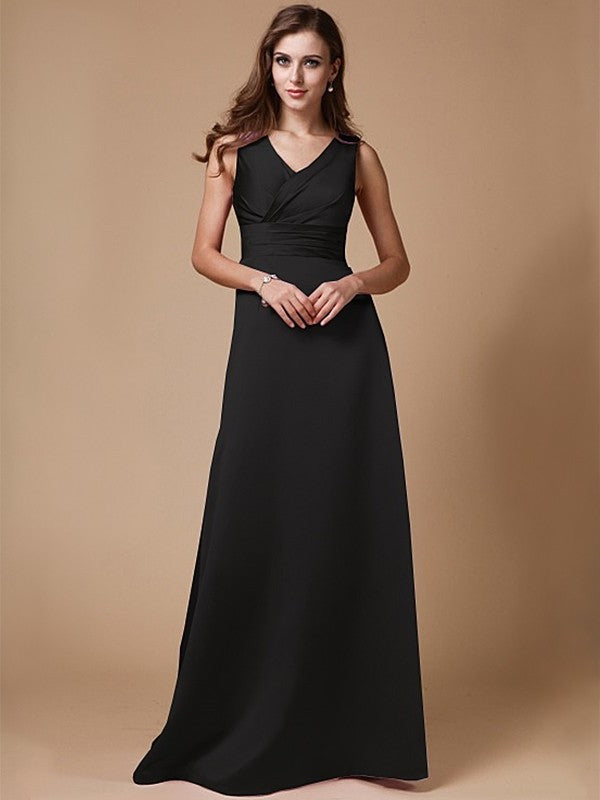 A-Line/Princess V-neck Long Sleeveless Elastic Woven Satin Bridesmaid Dresses DFP0005409