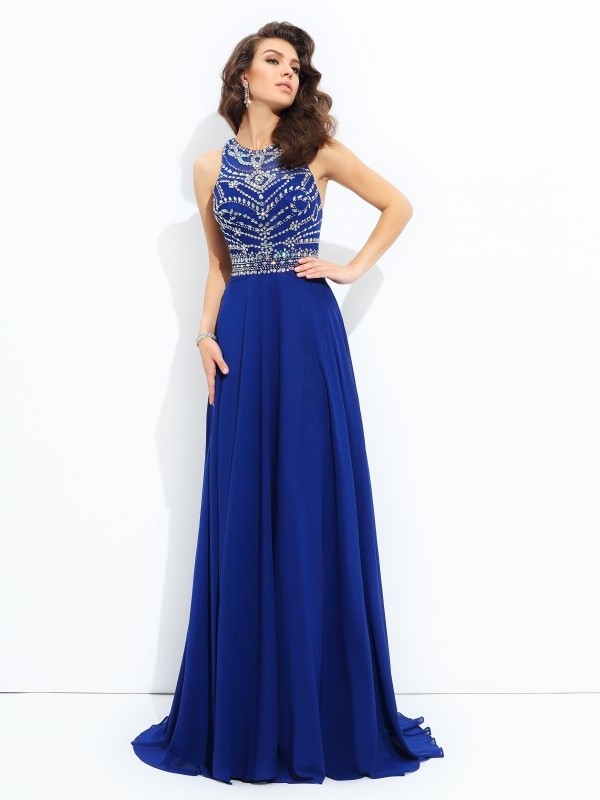 A-line/Princess Scoop Beading Sleeveless Long Chiffon Dresses DFP0002024