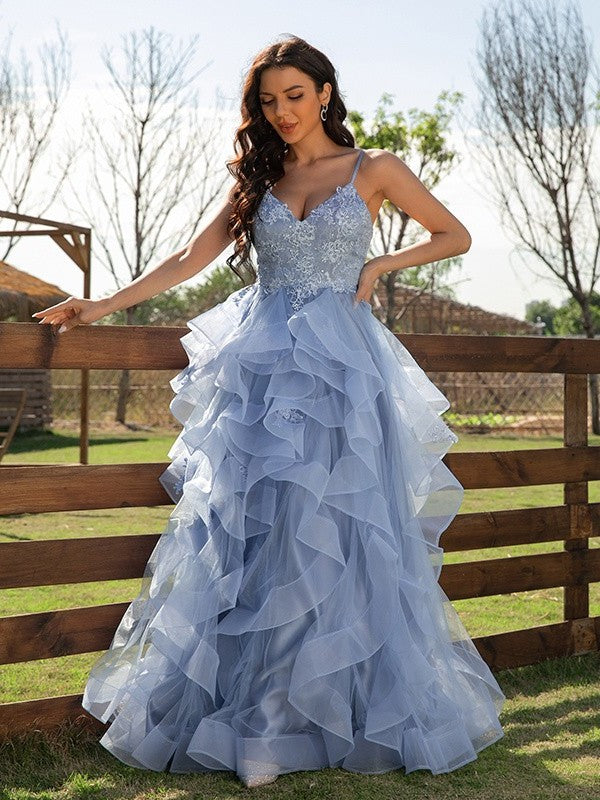 A-Line/Princess Tulle Applique V-neck Sleeveless Floor-Length Dresses DFP0001540