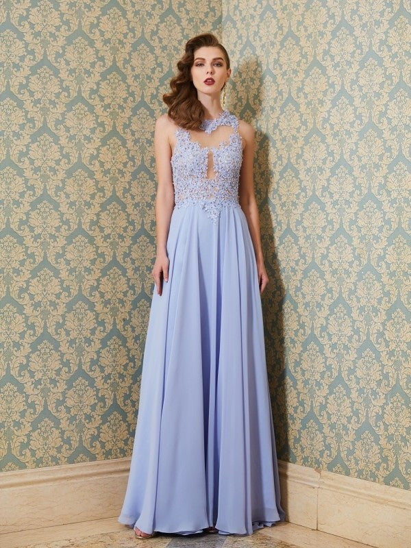 A-Line/Princess Scoop Sleeveless Floor-Length Applique Chiffon Dresses DFP0002687