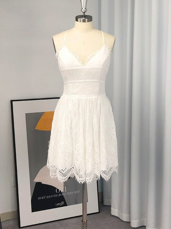 A-Line/Princess Spaghetti Straps Sleeveless Lace Short/Mini Homecoming Dresses DFP0004568