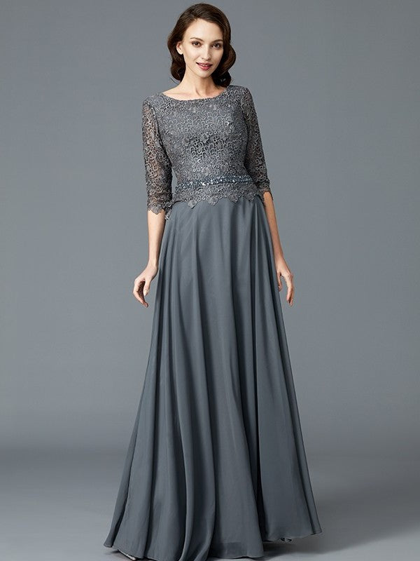 A-Line/Princess Scoop 1/2 Sleeves Chiffon Floor-Length Mother of the Bride Dresses DFP0007217