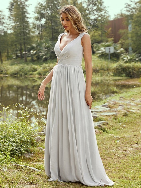A-Line/Princess Chiffon Ruffles V-neck Sleeveless Floor-Length Bridesmaid Dresses DFP0004971