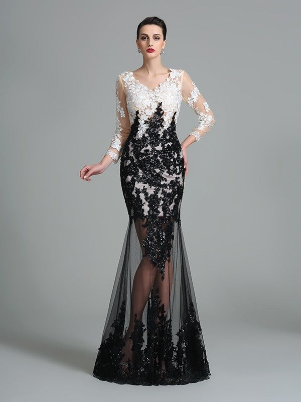 Sheath/Column V-neck Lace 3/4 Sleeves Long Net Dresses DFP0002992