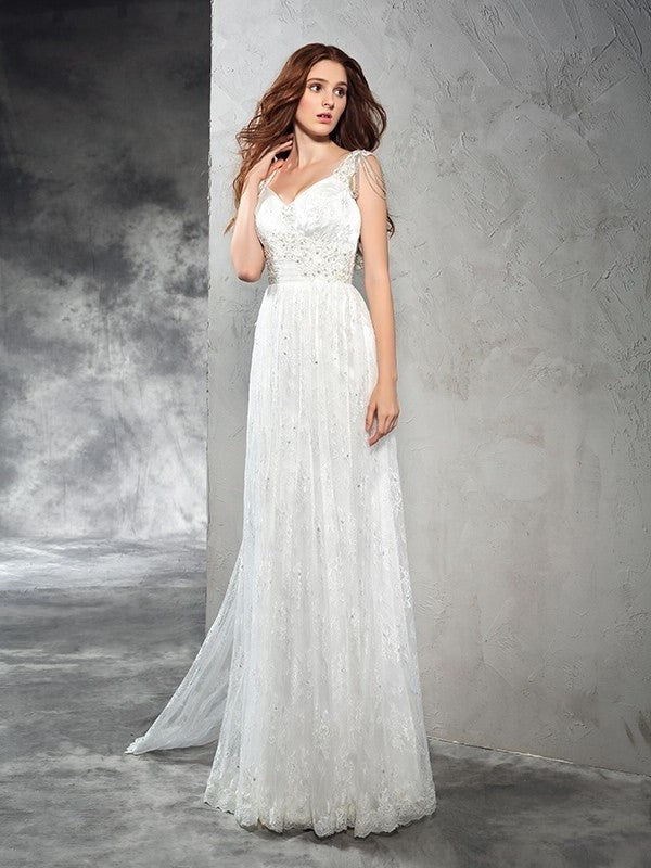 A-Line/Princess Straps Lace Sleeveless Long Lace Wedding Dresses DFP0006600