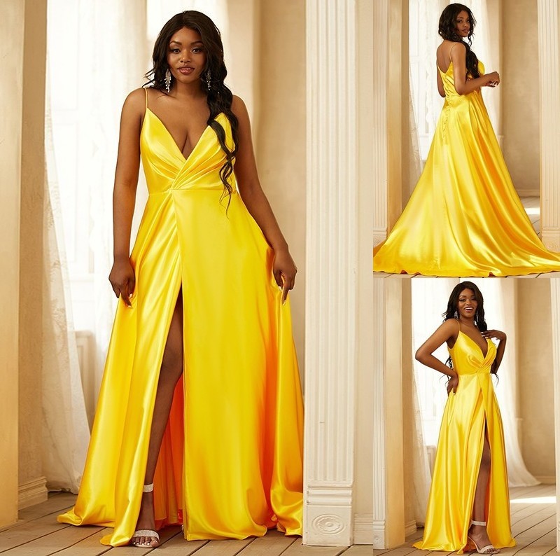 A-Line/Princess Silk like Satin Ruched V-neck Sleeveless Sweep/Brush Train Dresses DFP0001614