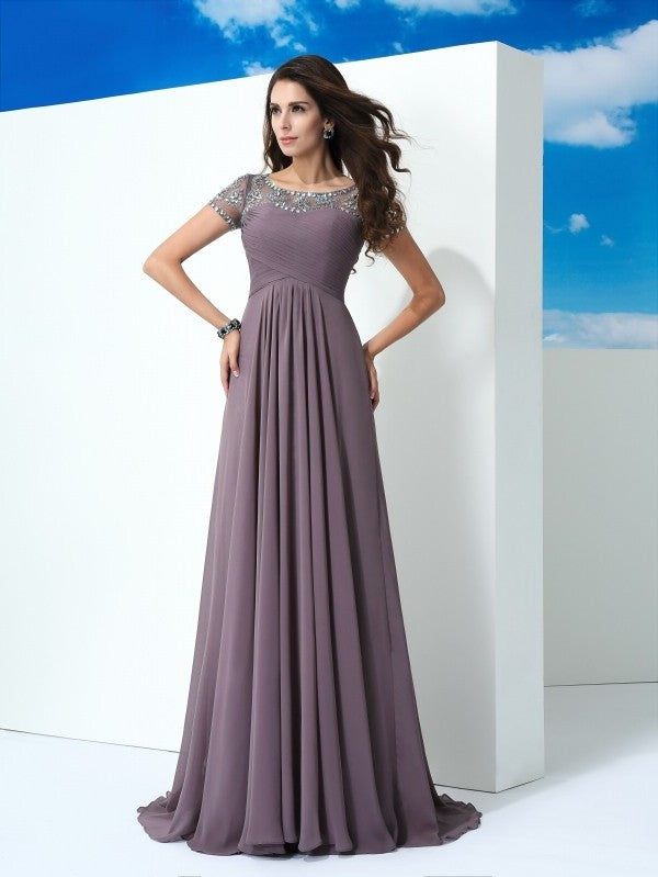 A-Line/Princess Sheer Neck Beading Short Sleeves Long Chiffon Dresses DFP0002078