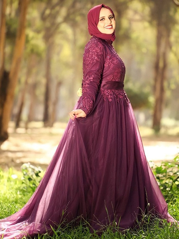 Ball Gown High Neck Tulle Applique Long Sleeves Sweep/Brush Train Muslim Dresses DFP0004669