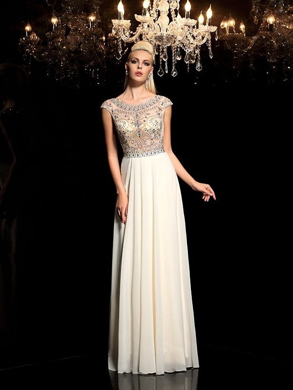 A-Line/Princess Sheer Neck Rhinestone Sleeveless Long Chiffon Dresses DFP0002931