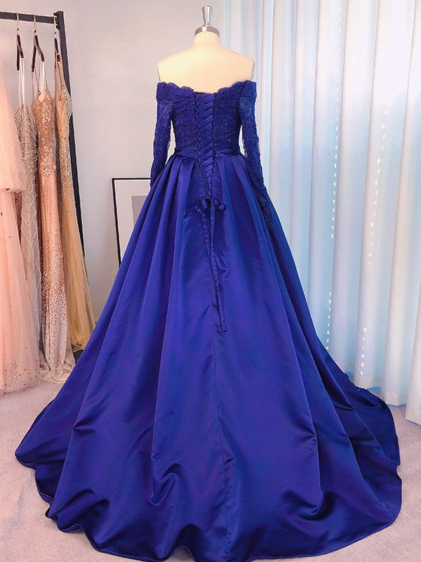 Ball Gown Satin Off-the-Shoulder Beading Long Sleeves Sweep/Brush Train Dresses DFP0003996