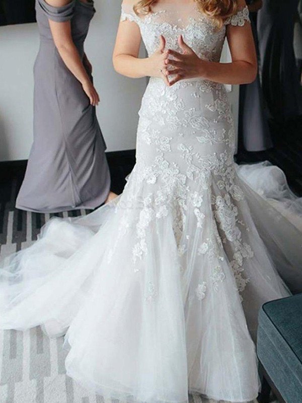 Trumpet/Mermaid Applique Lace Tulle Off-the-Shoulder Sleeveless Court Train Wedding Dresses DFP0006526