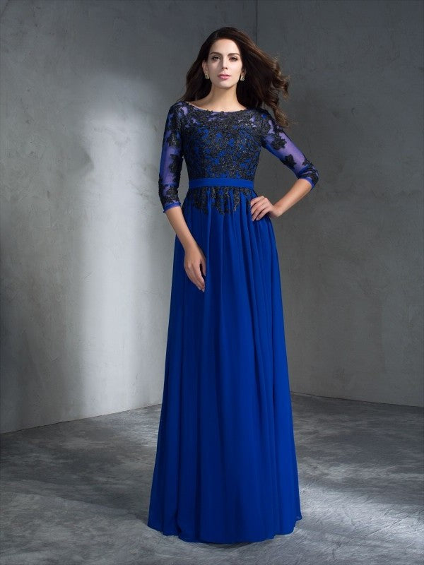 A-Line/Princess Scoop Applique 3/4 Sleeves Long Chiffon Dresses DFP0002930