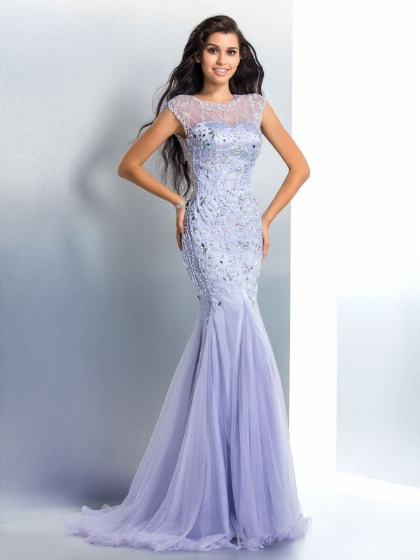 Trumpet/Mermaid Sheer Neck Beading Sleeveless Long Satin Dresses DFP0002527