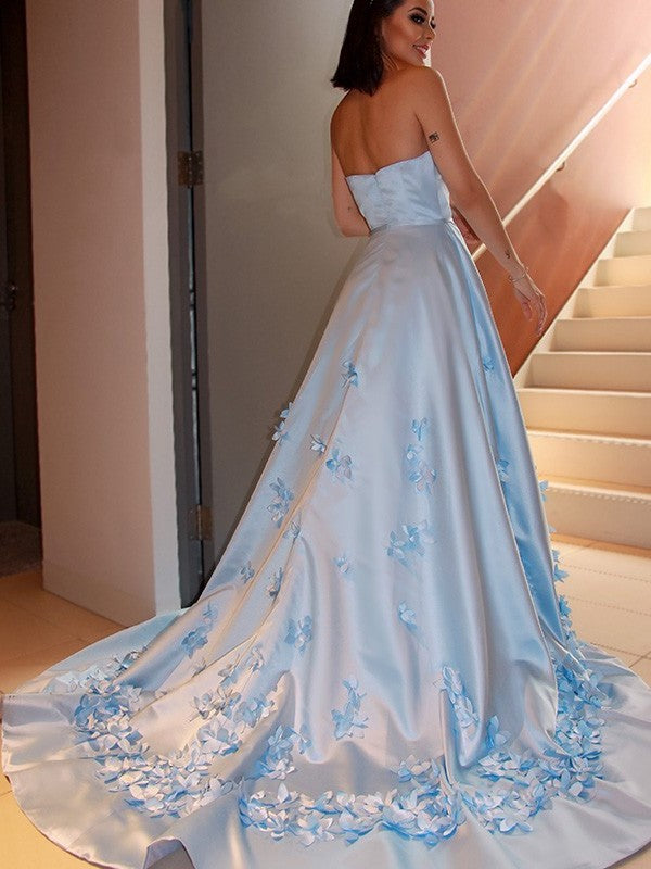 A-Line/Princess Satin Hand-Made Flower Strapless Sleeveless Sweep/Brush Train Dresses DFP0001585