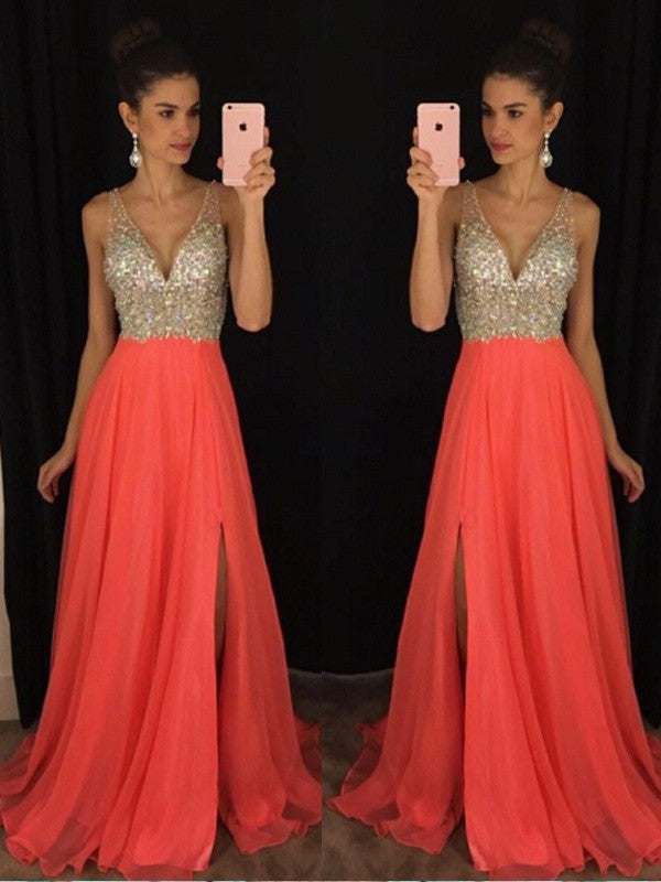 A-Line/Princess V-neck Sleeveless Beading Floor-Length Chiffon Dresses DFP0001980