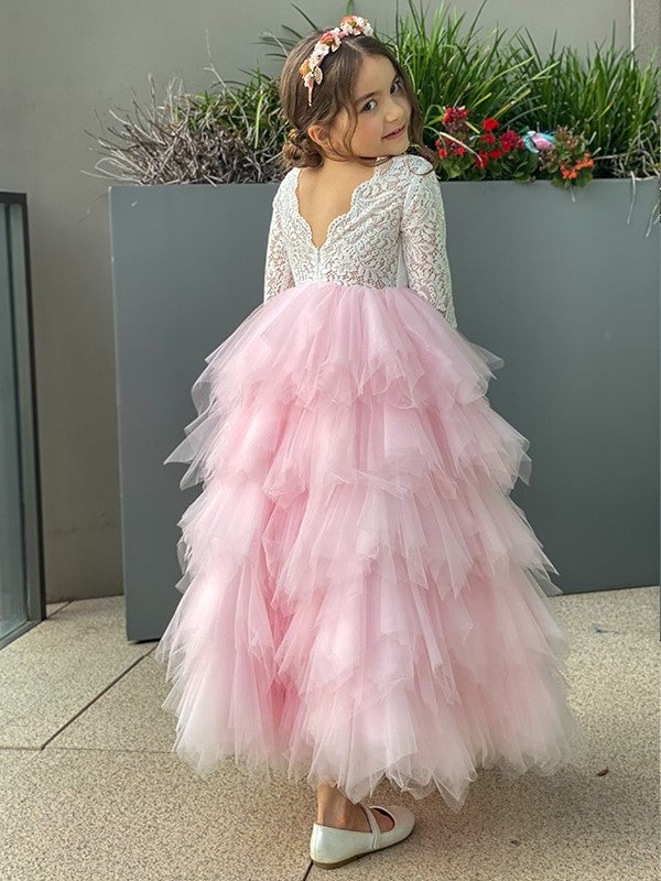 A-Line/Princess Tulle Lace Scoop 3/4 Sleeves Ankle-Length Flower Girl Dresses DFP0007497