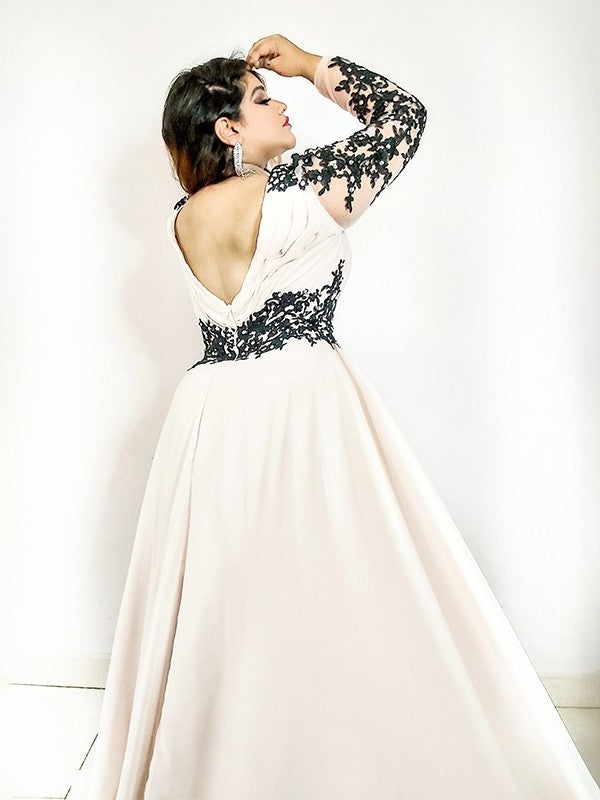 A-Line/Princess V-neck Applique Floor-Length Chiffon Long Sleeves Plus Size Dresses DFP0004519