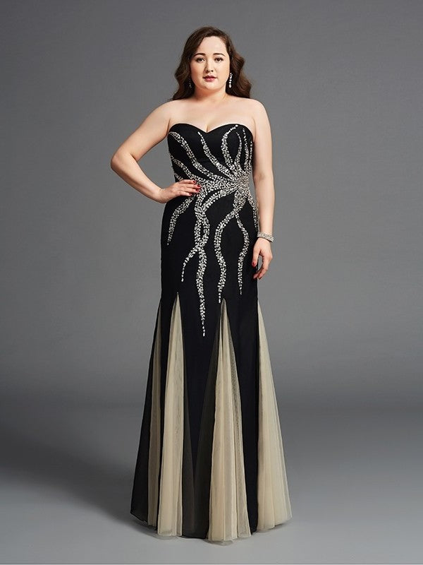 Sheath/Column Sweetheart Beading Sleeveless Long Chiffon Plus Size Dresses DFP0003215