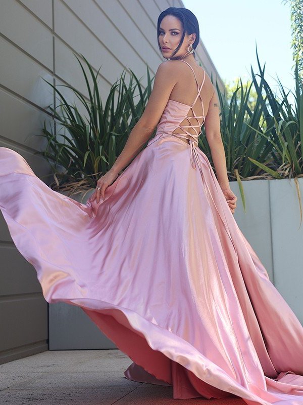 A-Line/Princess Silk like Satin Ruffles V-neck Sleeveless Sweep/Brush Train Dresses DFP0001612