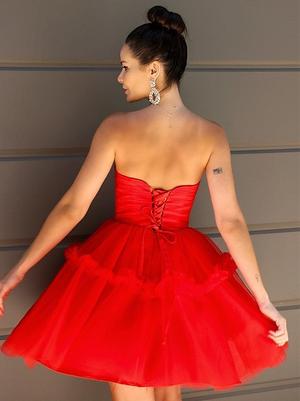 A-Line/Princess Strapless Tulle Ruffles Sleeveless Short/Mini Homecoming Dresses DFP0004466