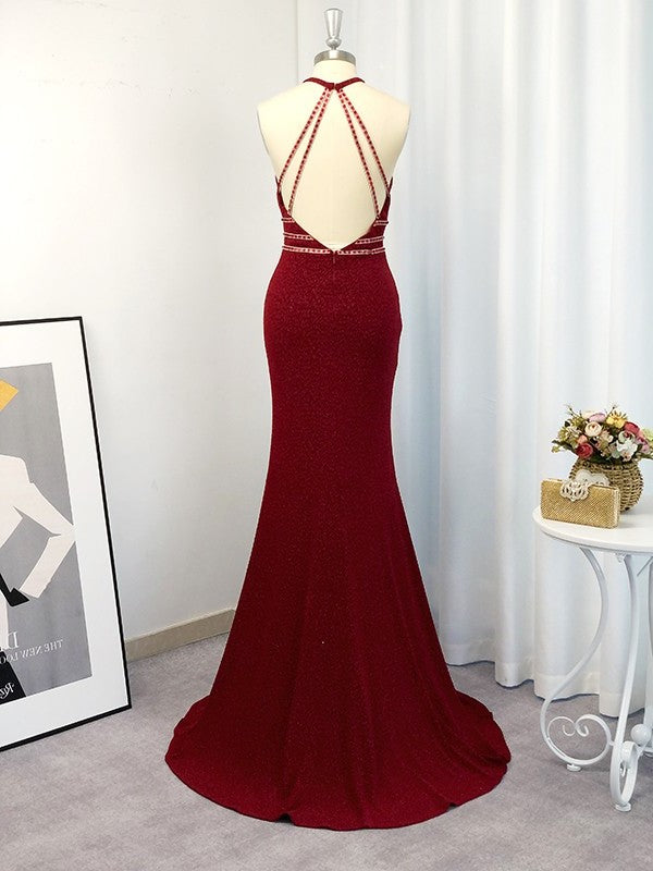 Sheath/Column Halter Sleeveless Sweep/Brush Train Beading Dresses DFP0004660