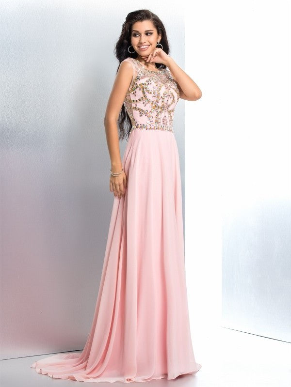 A-Line/Princess Scoop Beading Sleeveless Long Chiffon Dresses DFP0002980