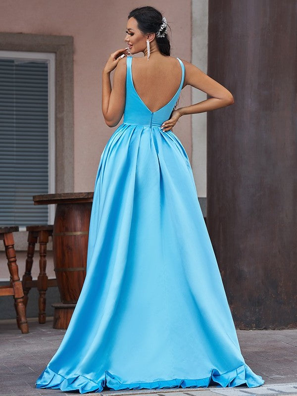 A-Line/Princess Satin Ruffles V-neck Sleeveless Asymmetrical Dresses DFP0001559