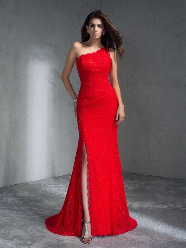 Trumpet/Mermaid One-Shoulder Sleeveless Long Lace Dresses DFP0002833